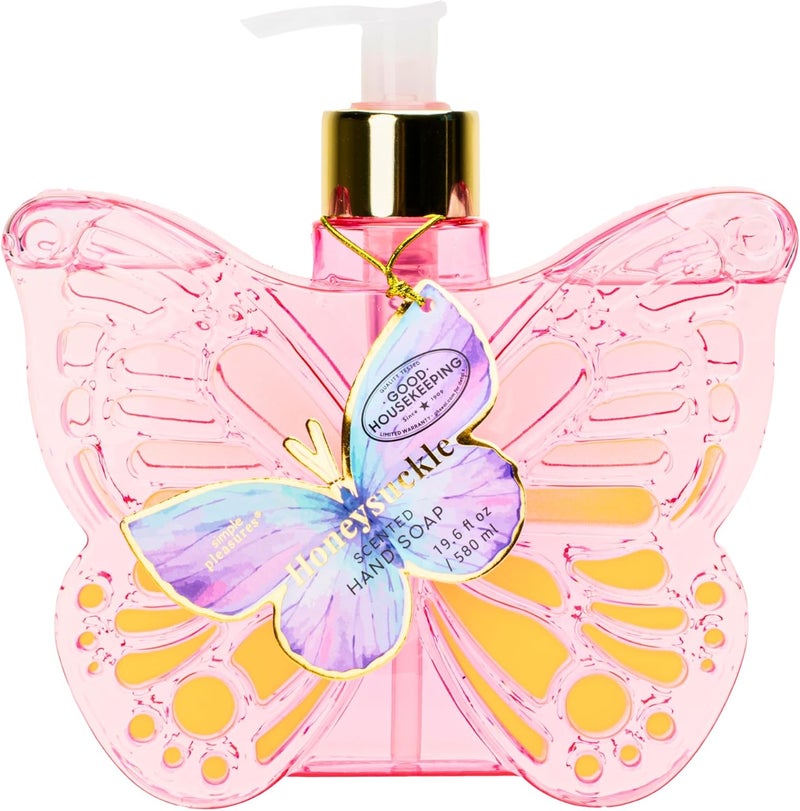 simple pleasures Pink Butterfly Honeysuckle Scented Liquid Hand Soap Dispenser - Plastic Novelty Decorative Refillable Hand Pump for Kitchen Countertops and Bathroom Sinks 500ML - Image 1